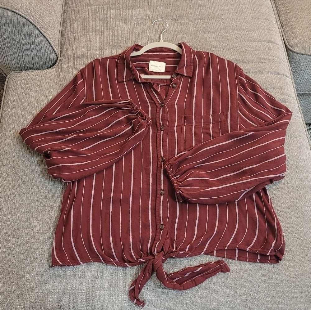 American Eagle Dark Red Boho Striped Button Down Blouse Size Medium Oversized
